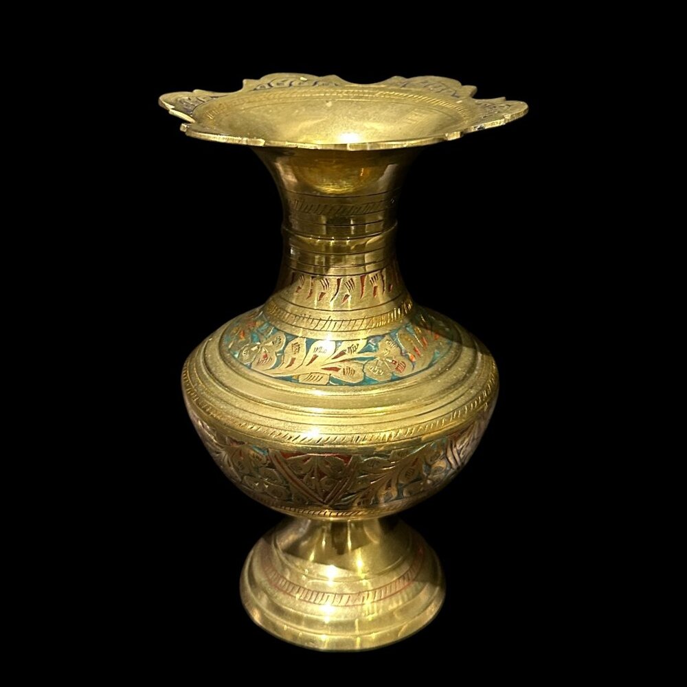 Vintage Etched Brass Vase with Scalloped Rim, Indian Enamel Flower Vase,